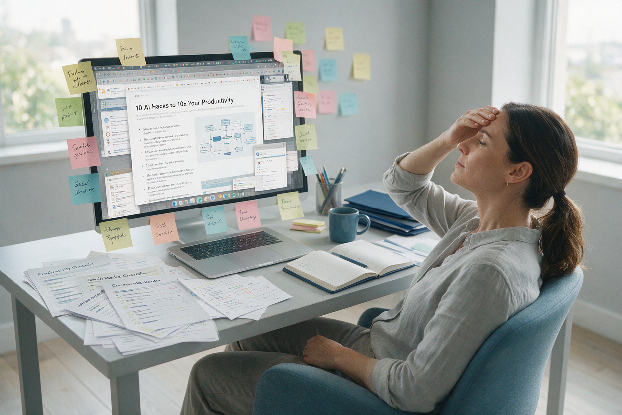 Overwhelmed professional surrounded by generic AI tip lists and sticky notes